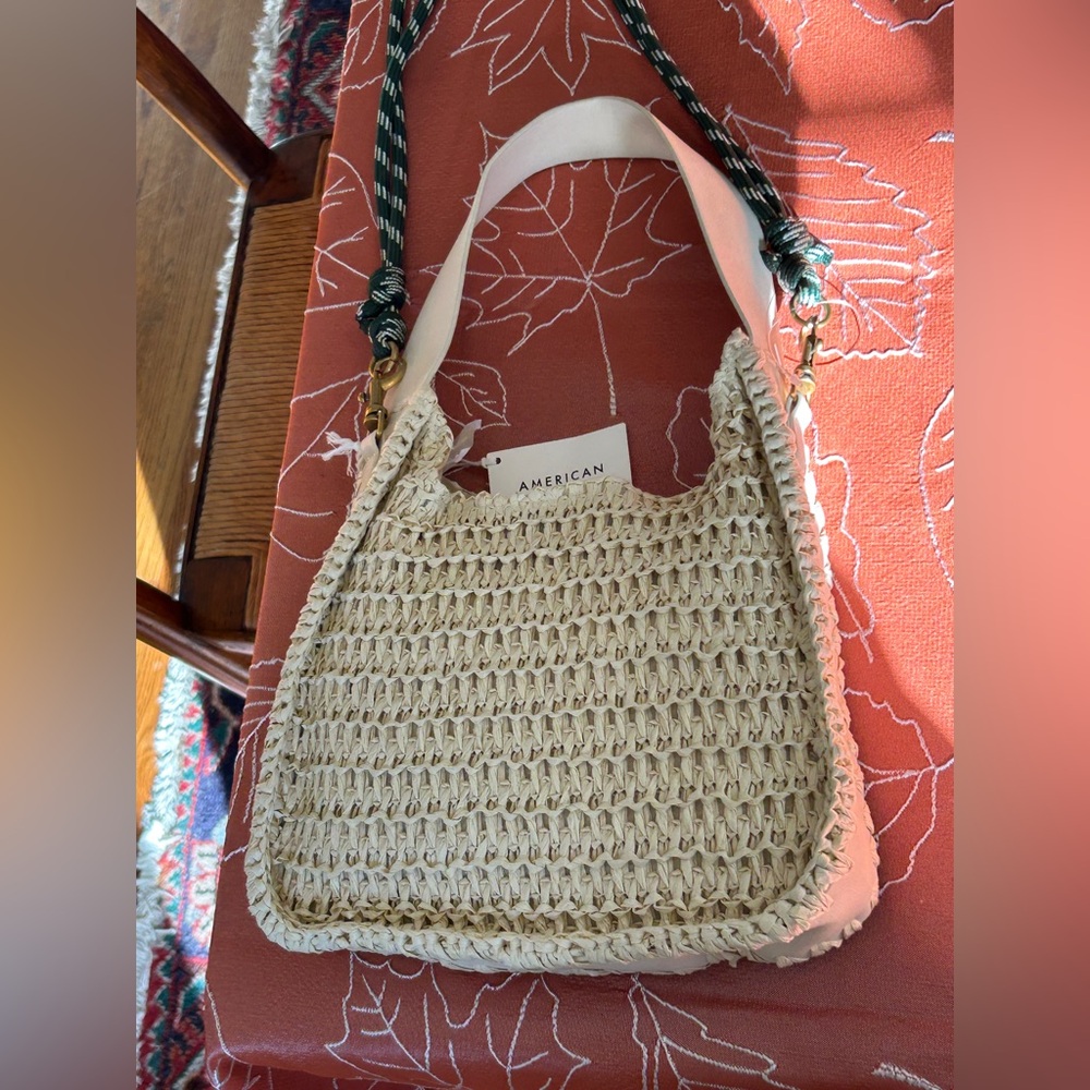 Cream Woven Hand + Shoulder Bag with Cream or Green Adjustable Strap NEW! - Picture 13 of 14